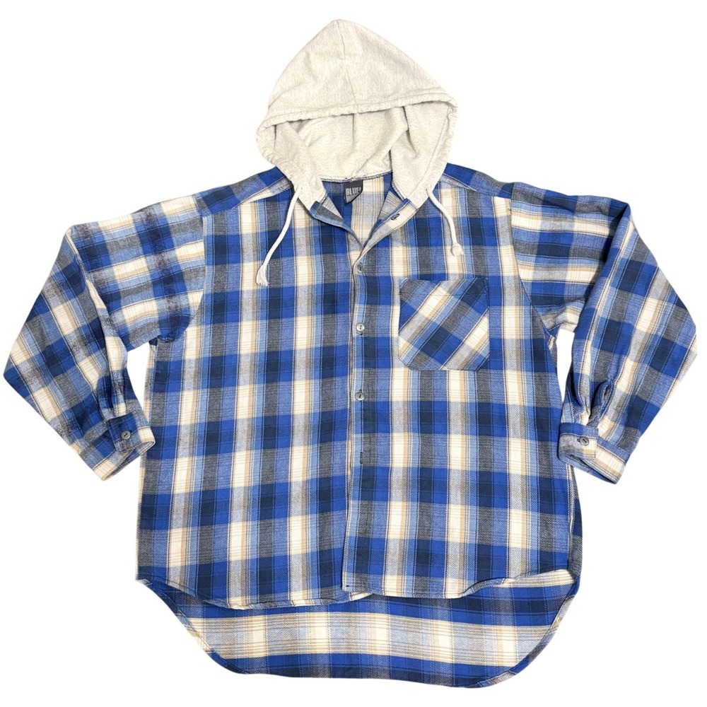Blue Wave Hooded Flannel Shirt Plaid Button Up Blue Tan Large Cotton USA Mens